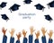 Graduation party banner with raised hands and graduation caps. Design for graduate diploma, awards. Education concept.