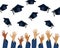 Graduation party banner with raised hands and graduation caps. Design for graduate diploma, awards. Education concept.