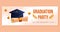 Graduation party horizontal banner with cap with tassels and scrip. Vector layout template. Degree ceremony invite