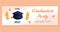Graduation party horizontal banner invitation with cap and golden branches. Vector layout template. Degree ceremony