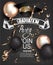 Graduation party invitation card with golden serpantine, graduation cap, air balloons and blackboard background.