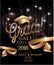 Graduation party invitation card with golden sparkling,ribbons, confetti and garlands.