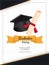 Graduation party invitation card or template design with illustration of mortarboard and diploma on white background.