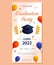 Graduation party vertical banner with ballons, cap and gloden branches. Vector layout invitation template. Degree