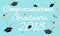 Graduation poster graduation caps scrolls confetti greeting invitation card design vector illustration