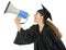 Graduation student shouting through megaphone