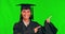 Graduation, student and woman pointing finger on green screen for mockup space, choice or success. Face of african