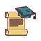 Graduation symbols, old parchment and square academic cap