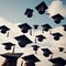 graduation time, a students graduation hats flying in the air