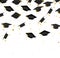 Graduation. Transparent background with realistic flying black degree caps confetti balloons and diplomas. Vector image school and