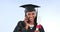 Graduation, woman and phone call for college announcement, contact or achievement on blue background. Excited student or