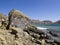 Graffiti on a background of mountains and the sea