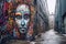a graffiti covered alleyway with a face painted on the wall