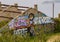 Graffiti covered ruins seen from the walking trail from La Turbie to Tete de Chien going through a rocky mountaintop