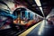 graffiti-covered subway platform, with the busy trains running above