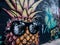 A graffiti covered wall with a pineapple wearing sunglasses. AI generative image.