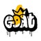 Graffiti spray paint Word GOAT with yellow crown Isolated on white. Abreviation for Greatest Of All Time. Textured Hand