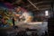 graffiti sprayer artist creating large-scale mural in abandoned factory building