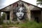 graffiti sprayer artist using stencils to create eye-catching designs on abandoned building