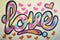 Graffiti text Love on the wall with many pink colored heart shapes around