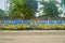 Graffiti on the wall Stop war made in the colors of the flag of Ukraine. Graffiti dedicated to events in Ukraine