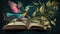 Grafic style bright fairy bird with blue, pink wings flying away from old opened book pages. Green tree leaves growing from book