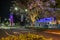 Grafton, NSW, Australia - Historical town centre clock tower illuminated at night during the Jacaranda Festival