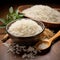 Grain beauty Jasmine white rice in a wooden bowl with gold