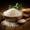 Grain beauty Jasmine white rice in a wooden bowl with gold