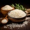 Grain beauty Jasmine white rice in a wooden bowl with gold