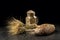 Grain bouquet, golden oats spikelets in jar on dark wooden table, buns and can filled with dried grains.