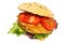 Grain bun, fried pork, lettuce, tomatoes, isolated