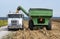 Grain cart dumping corn into semitruck in corn field during harvest