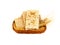 Grain crackers, biscuits and grains of wheat on white background