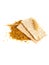 Grain crackers, biscuits and grains of wheat on white background
