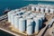 Grain deal concept, metal grain storage stands close up to sea port