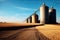 Grain deal concept, metal grain storage stands in a field