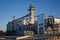 Grain drying complex. Modern grain elevator with silos in agriculture zone