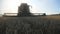 Grain harvester gathering wheat at sunny day. Combine riding through rural cutting stalks of barley. Concept of