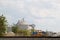 Grain silos by railroad tracks