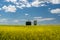 Grain silos standing on canola field on the Canadian prairies