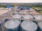 Grain storage in large silos aerial view. Silo with grain