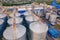 Grain storage in large silos aerial view. Silo with grain