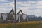 Grain transport trucks being loaded