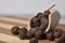 Grains allspice on a wooden board.