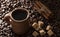 Grains of coffee, cuddly cookies on a wooden background. Photography in low key