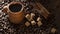 Grains of coffee, cuddly cookies on a wooden background. Photography in low key