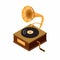 Gramophone isometric, classic audio music player device wooden box with vinyl record cartoon flat illustrtion vector