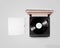 Gramophone vinyl player and record cover sleeve mockup, top view