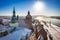 Granaries of Grudziadz city by the Vistula river at snowy winter. Poland